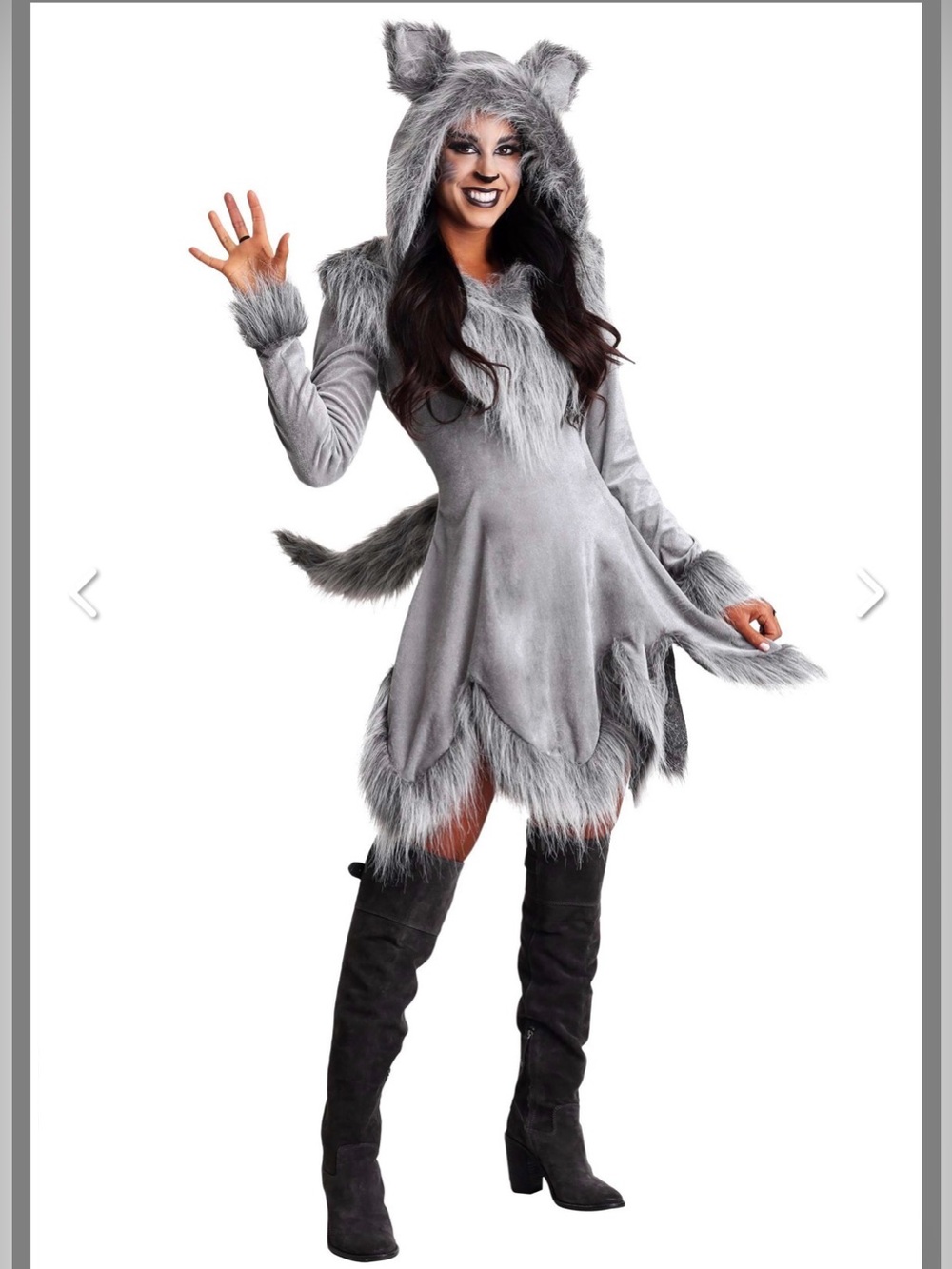 Deluxe Wolf Hooded Costume Dress with Faux Fur Trim - Halloween, theater. Sexy